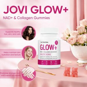 Jovi Glow+ NAD+ & Collagen Gummies, Multi-Type Hydrolyzed Collagen Peptides, Resveratrol, Hyaluronicacid, Vitaminc, Supplement for Skin, Hair, Nails, 90 Count (1, A)