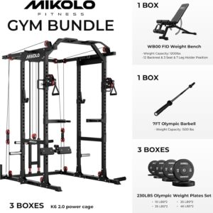 Mikolo K6 2.0 Power Cage, Power Rack with Cable Crossover System, 2000LBS Squat Rack with LAT Pull Down System, Functional Trainer with Aluminum Pulley System for Home Gym