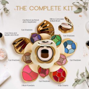 CoralBeau All In One Makeup Kit for Teens and Women – Flower Makeup Set for Girls 10-12 – Pigmented Eyeshadows, Lip Creams, Blushes, Concealer and Mirror – Full Starter Makeup Gift Set for Beginners