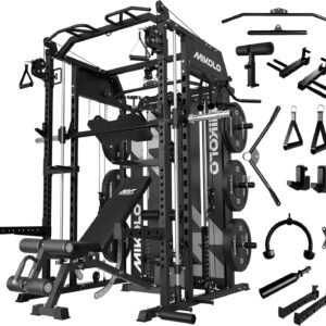 Mikolo Smith Machine with Weight Stack, Power Cage Home Gym System with LAT Pulldown & Cable Crossover, Multi-Functional Trainer with Dual Pulley System, Includes 10+ Free Attachments