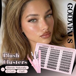 Goddvenus Plush Lash Clusters Kit, Natural Wispy Cluster Eyelash Extensions, Fluffy DIY Lash Extension at Home for Natural Look, D Curl Individual Lashes Kit with Waterproof Bond and Seal