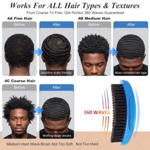 Medium Hard Wave Brush for Men,Curved Boar Bristle Brush for 360 Waves