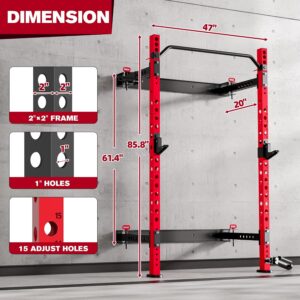 MU 2″ x 2″ Folding Squat Rack, 1100LBS Wall Mounted Power Rack with Adjustable Pull Up Bar, J Hooks, Landmine, Foldable Squat Rack for Home Gym, Garage, Training Studios (Black and Red)