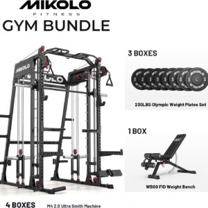 Mikolo M4 2.0 Smith Machine, 2200lbs Squat Rack with LAT-Pull Down System & Cable Crossover Machine, Training Equipment with Leg Hold-Down Attachment
