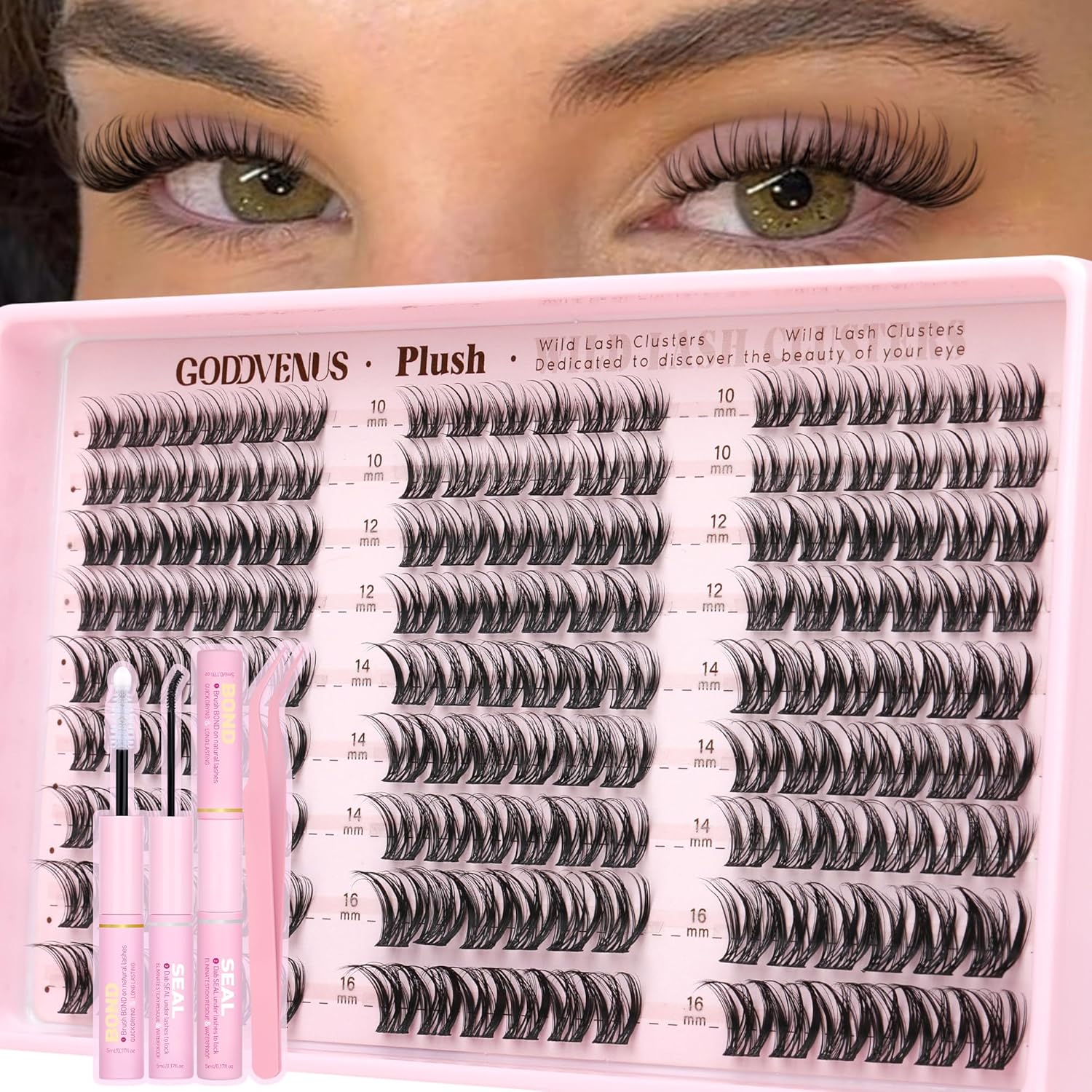 Goddvenus Plush Lash Clusters Kit, Natural Wispy Cluster Eyelash Extensions, Fluffy DIY Lash Extension at Home for Natural Look, D Curl Individual Lashes Kit with Waterproof Bond and Seal