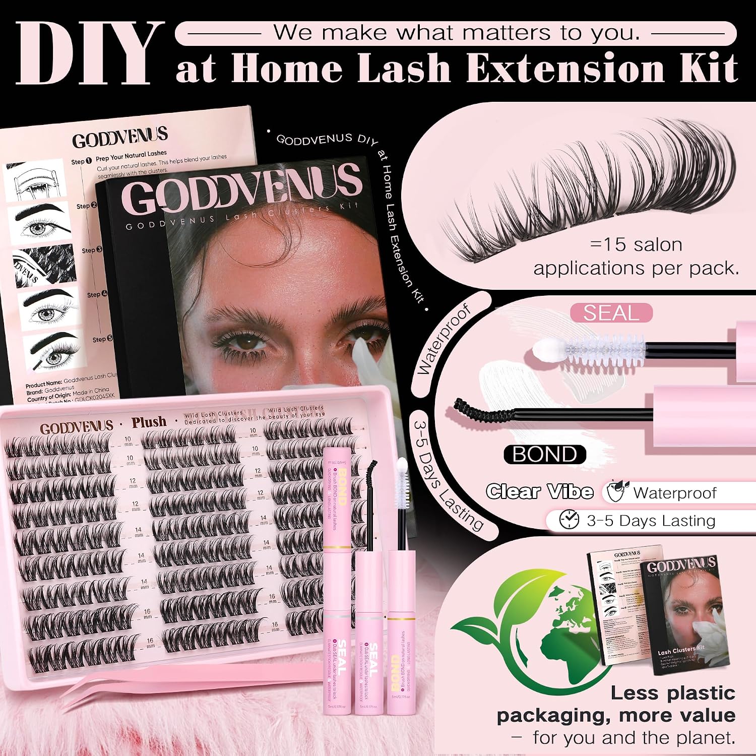 Goddvenus Plush Lash Clusters Kit, Natural Wispy Cluster Eyelash Extensions, Fluffy DIY Lash Extension at Home for Natural Look, D Curl Individual Lashes Kit with Waterproof Bond and Seal - Image 6